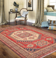 handmade Geometric Super Kazak Rust Tan Hand Knotted RECTANGLE 100% WOOL area rug 7' x 9'