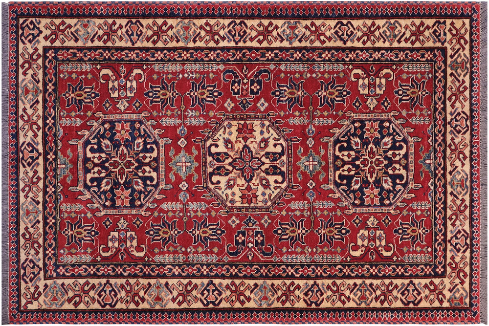 handmade Geometric Super Kazak Red Tan Hand Knotted RECTANGLE 100% WOOL area rug 4' x 6'