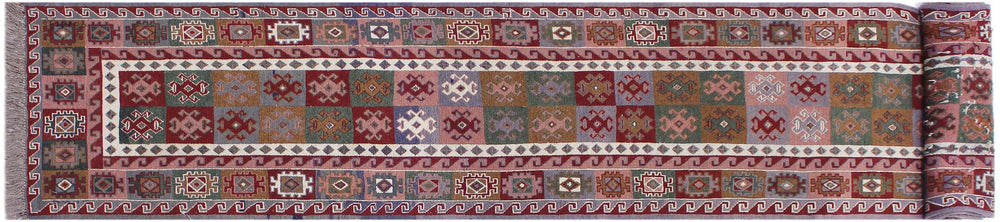 handmade Geometric Soumakh Red Gray Hand-Woven RUNNER 100% WOOL area rug 2 x 12