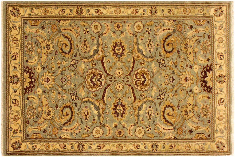 handmade Traditional Lahore Lt. Green Gold Hand Knotted RECTANGLE 100% WOOL area rug 4' x 6'