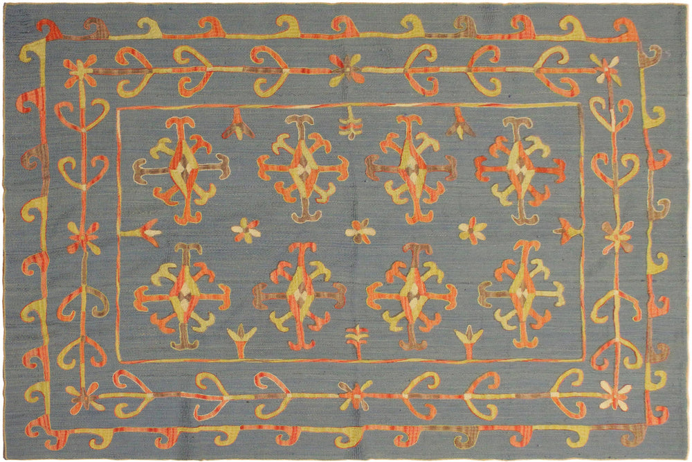 handmade Geometric Ikat Blue Pink Hand-Woven RECTANGLE 100% WOOL area rug 6' x 8'