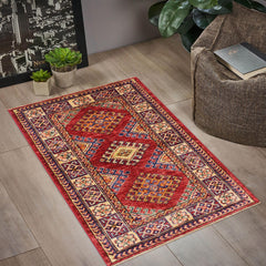 handmade Geometric Super Kazak Red Beige Hand Knotted RECTANGLE 100% WOOL area rug 2' x 3'