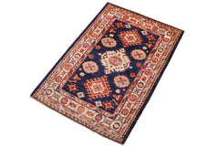 handmade Geometric Super Kazak Blue Beige Hand Knotted RECTANGLE 100% WOOL area rug 2' x 3'