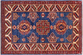 handmade Geometric Super Kazak Blue Beige Hand Knotted RECTANGLE 100% WOOL area rug 3' x 4'