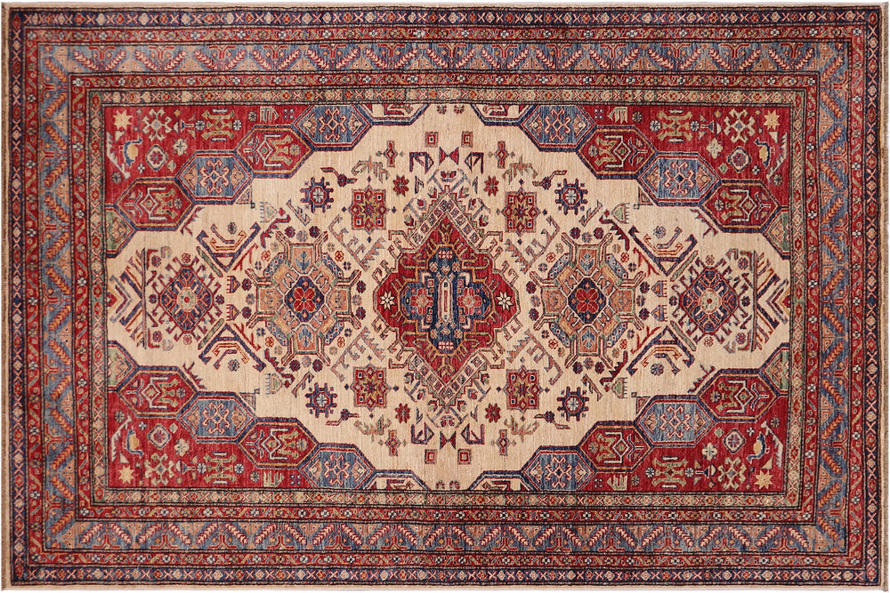 handmade Geometric Super Kazak Beige Blue Hand Knotted RECTANGLE 100% WOOL area rug 5' x 8'