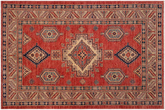 handmade Geometric Super Kazak Rust Beige Hand Knotted RECTANGLE 100% WOOL area rug 5' x 8'