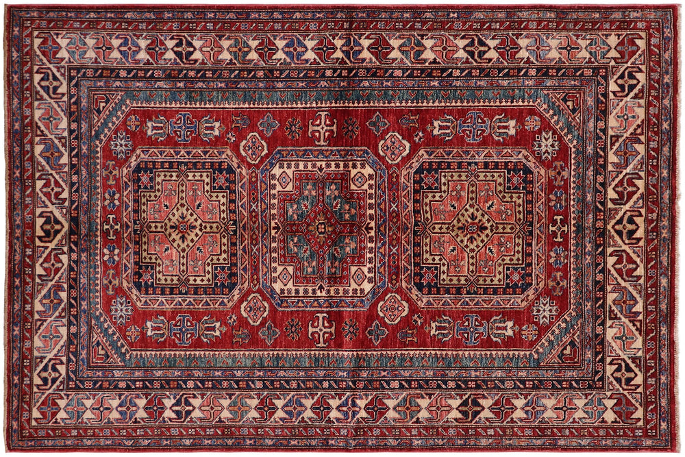 handmade Geometric Super Kazak Red Beige Hand Knotted RECTANGLE 100% WOOL area rug 5' x 7'
