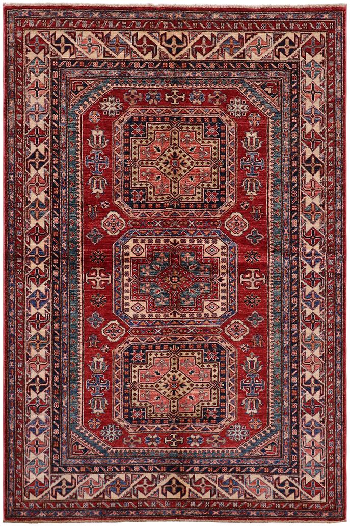 handmade Geometric Super Kazak Red Beige Hand-made RECTANGLE 100% WOOL area rug 5x7