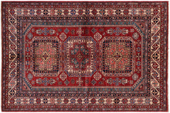 handmade Geometric Super Kazak Red Beige Hand Knotted RECTANGLE 100% WOOL area rug 5' x 7'
