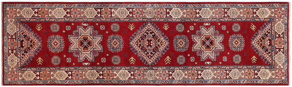 handmade Geometric Super Kazak Red Beige Hand Knotted RUNNER 100% WOOL area rug 3' x 10'