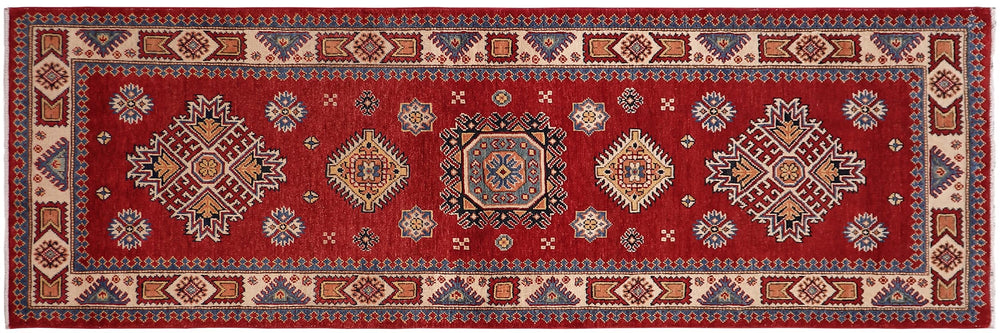 handmade Geometric Super Kazak Red Beige Hand Knotted RUNNER 100% WOOL area rug 3' x 8'