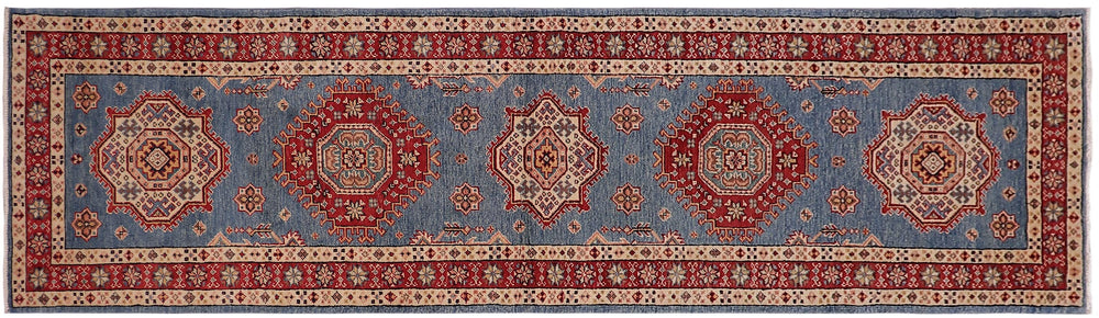 handmade Geometric Super Kazak Lt. Blue Red Hand Knotted RUNNER 100% WOOL area rug 3' x 10'