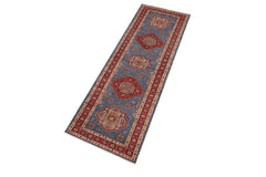 handmade Geometric Super Kazak Lt. Blue Red Hand Knotted RUNNER 100% WOOL area rug 3' x 10'