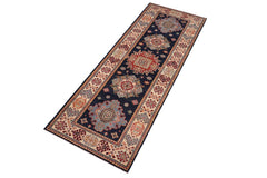 handmade Geometric kazak Blue Beige Hand-made RUNNER 100% WOOL area rug 3x8