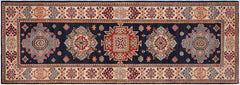handmade Geometric kazak Blue Beige Hand-made RUNNER 100% WOOL area rug 3x8