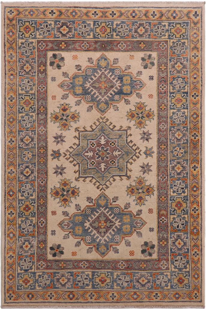 handmade Geometric Kazak Beige Lt. Blue Hand-made RECTANGLE 100% WOOL area rug 3' x 5'