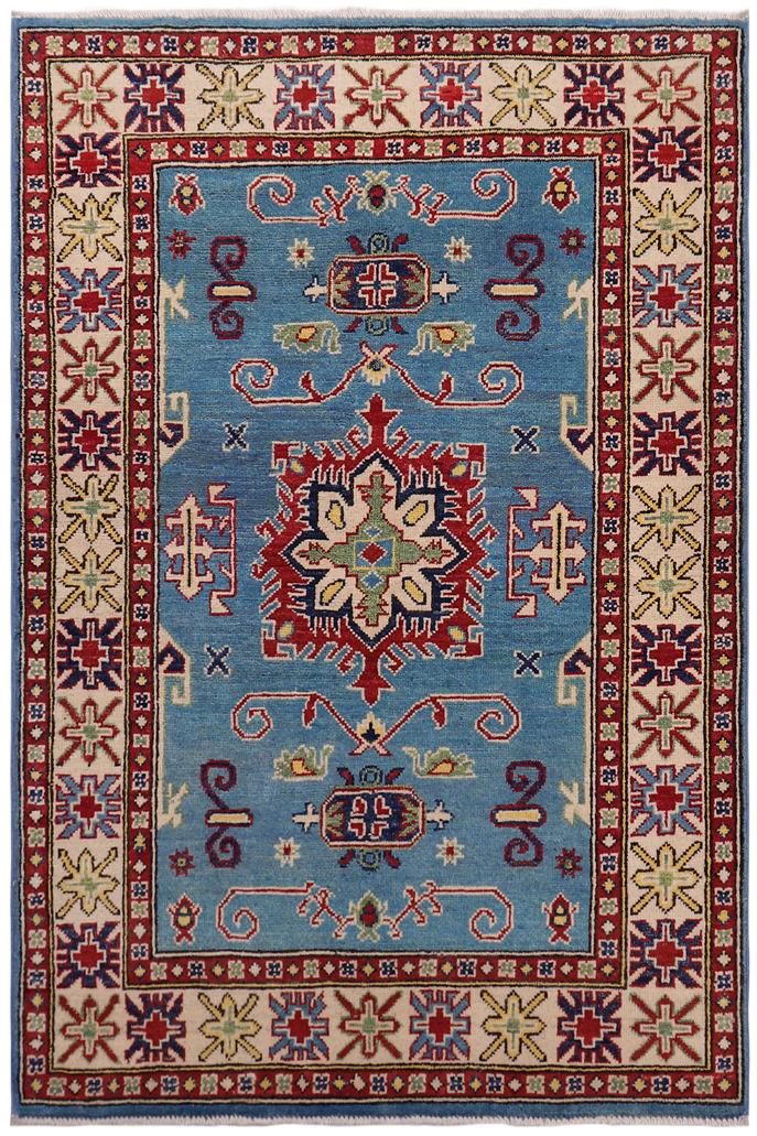 handmade Geometric Kazak Lt. Blue Beige Hand-made RECTANGLE 100% WOOL area rug 3' x 5'