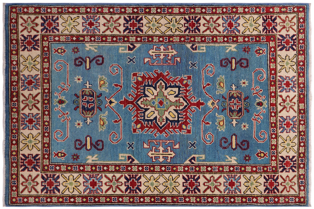 handmade Geometric Kazak Lt. Blue Beige Hand-made RECTANGLE 100% WOOL area rug 3'X5'