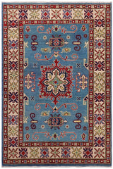 handmade Geometric Kazak Lt. Blue Beige Hand-made RECTANGLE 100% WOOL area rug 3' x 5'