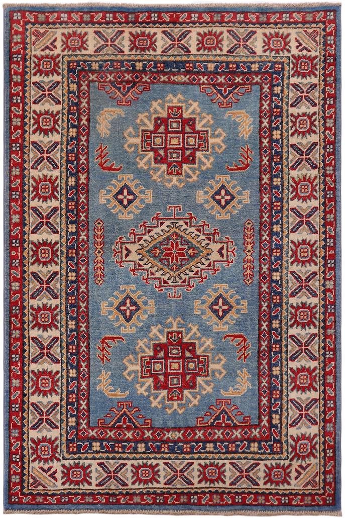handmade Geometric Kazak Lt. Blue Beige Hand-made RECTANGLE 100% WOOL area rug 3' x 5'
