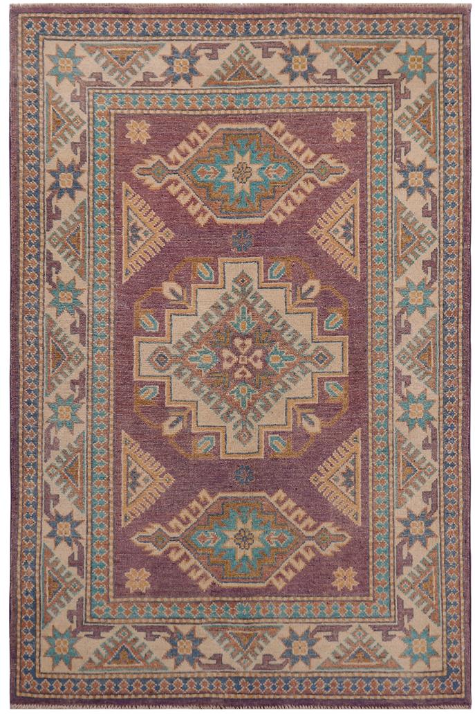 handmade Geometric Kazak Light Purpl Beige Hand-made RECTANGLE 100% WOOL area rug 3' x 5'