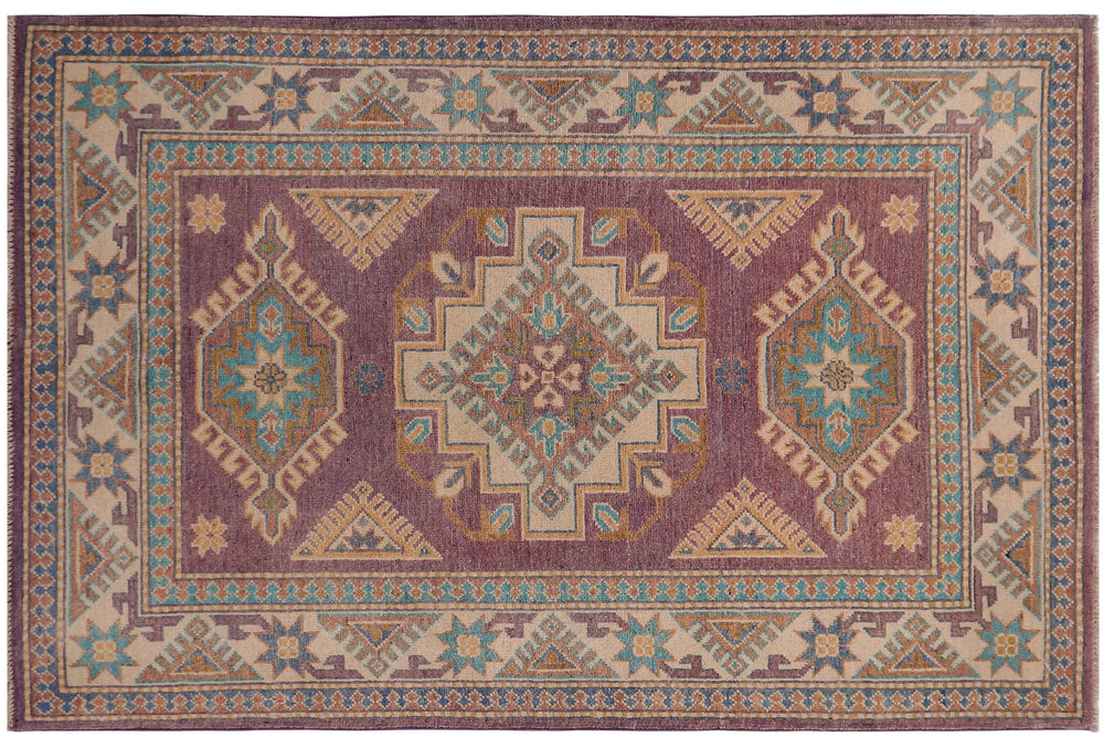 handmade Geometric Kazak Light Purpl Beige Hand-made RECTANGLE 100% WOOL area rug 3'X5'