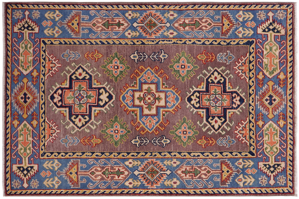 handmade Geometric Kazak Gray Lt. Blue Hand-made RECTANGLE 100% WOOL area rug 3'X5'