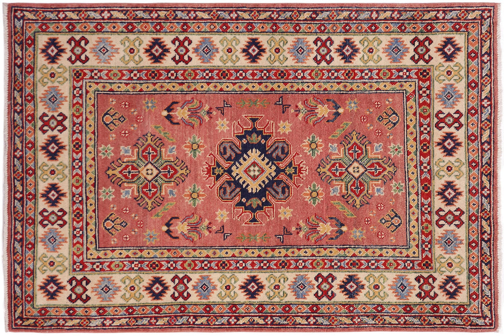 handmade Geometric Kazak Pink Beige Hand-made RECTANGLE 100% WOOL area rug 3'X5'