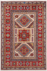 handmade Geometric Kazak Beige Red Hand-made RECTANGLE 100% WOOL area rug 3' x 5'
