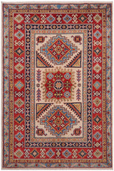 handmade Geometric Kazak Beige Red Hand-made RECTANGLE 100% WOOL area rug 3' x 5'