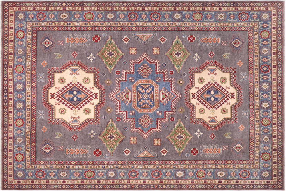 handmade Geometric Kazak Gray Blue Hand-made RECTANGLE 100% WOOL area rug 8'X10'