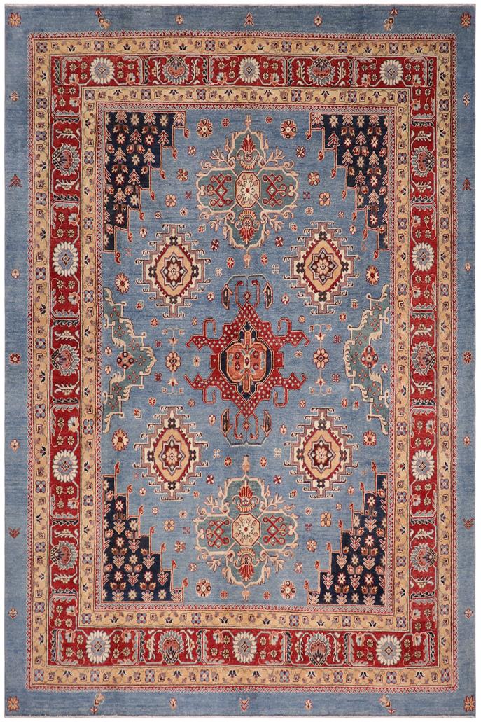 handmade Geometric Kazak Lt. Blue Red Hand-made RECTANGLE 100% WOOL area rug 8' x 10'