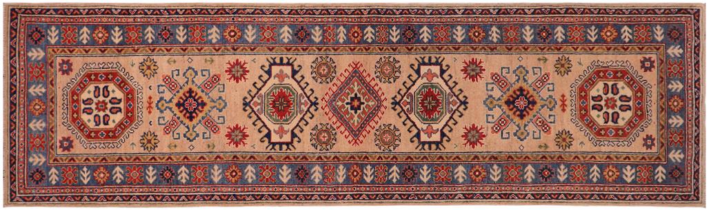 handmade Geometric Kazak Peach light Blue Hand-made RUNNER 100% WOOL area rug 3x10