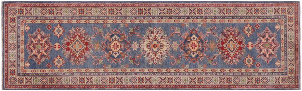 handmade Geometric Kazak light Blue Beige Hand-made RUNNER 100% WOOL area rug 3x10