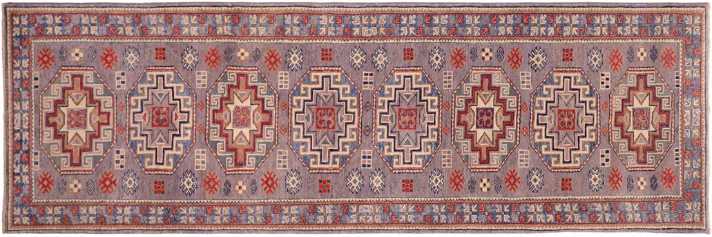 handmade Geometric Kazak Gray light Blue Hand-made RUNNER 100% WOOL area rug 3x10