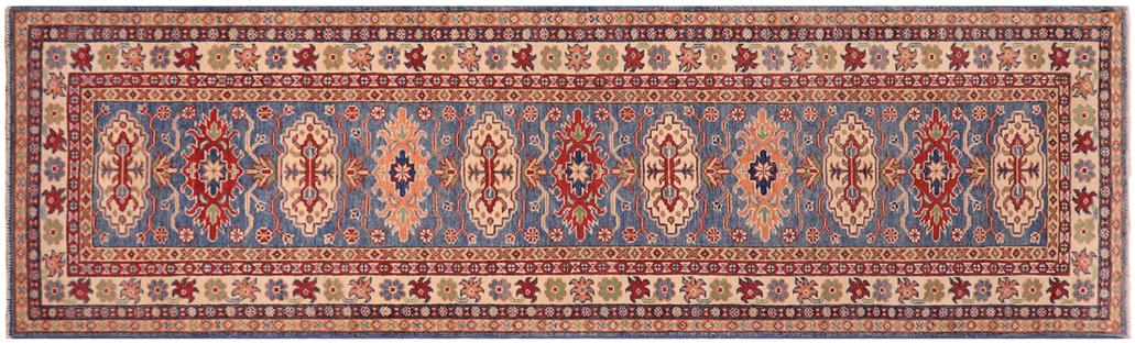 handmade Geometric Kazak light Blue Beige Hand-made RUNNER 100% WOOL area rug 3x10