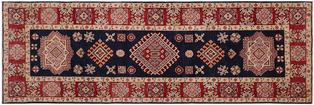 handmade Geometric kazak Blue Red Hand-made RUNNER 100% WOOL area rug 2x10