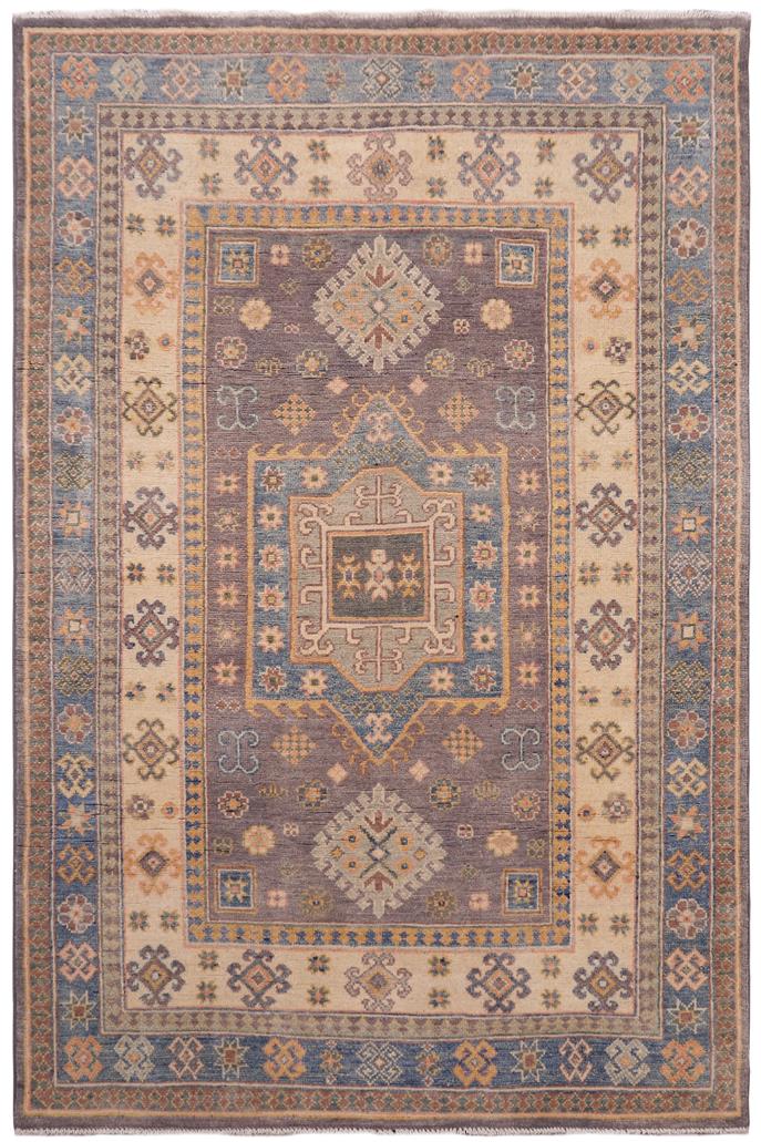 handmade Geometric Kazak Lt. Gray Lt. Blue Hand-made RECTANGLE 100% WOOL area rug 4' x 6'