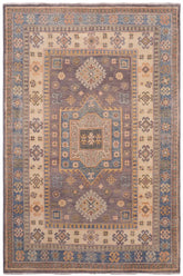 handmade Geometric Kazak Lt. Gray Lt. Blue Hand-made RECTANGLE 100% WOOL area rug 4' x 6'