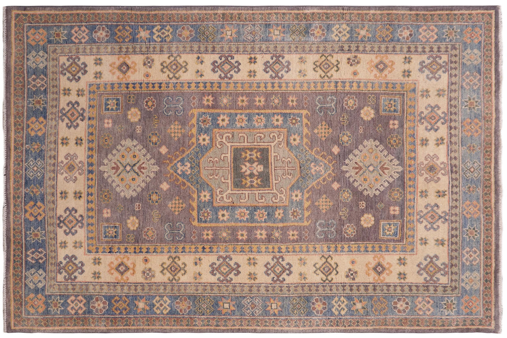 handmade Geometric Kazak Lt. Gray Lt. Blue Hand-made RECTANGLE 100% WOOL area rug 4'X6'