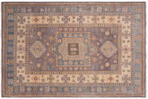 handmade Geometric Kazak Lt. Gray Lt. Blue Hand-made RECTANGLE 100% WOOL area rug 4'X6'
