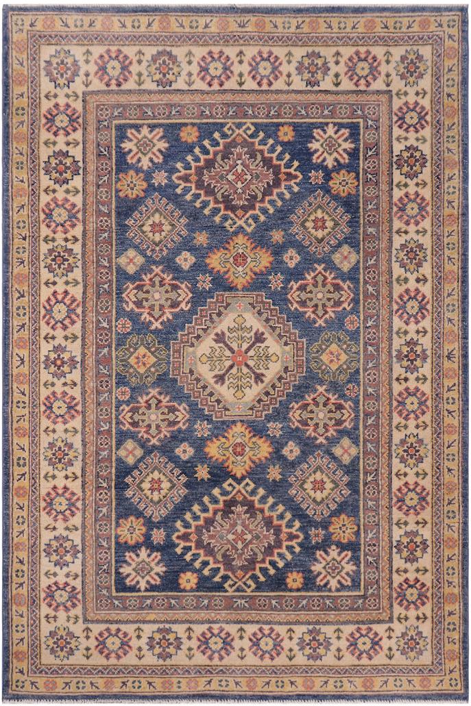 handmade Geometric Kazak Blue Beige Hand-made RECTANGLE 100% WOOL area rug 4' x 6'