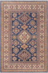 handmade Geometric Kazak Blue Beige Hand-made RECTANGLE 100% WOOL area rug 4' x 6'