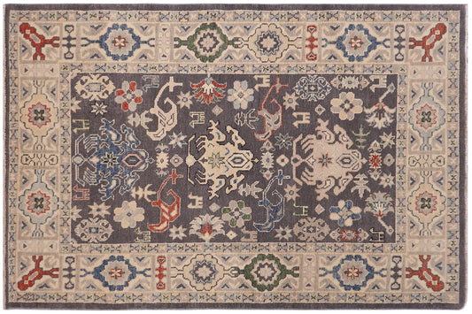 handmade Transitional Kafkaz Gray Lt. Gold Hand-made RECTANGLE 100% WOOL area rug 4' x 6'