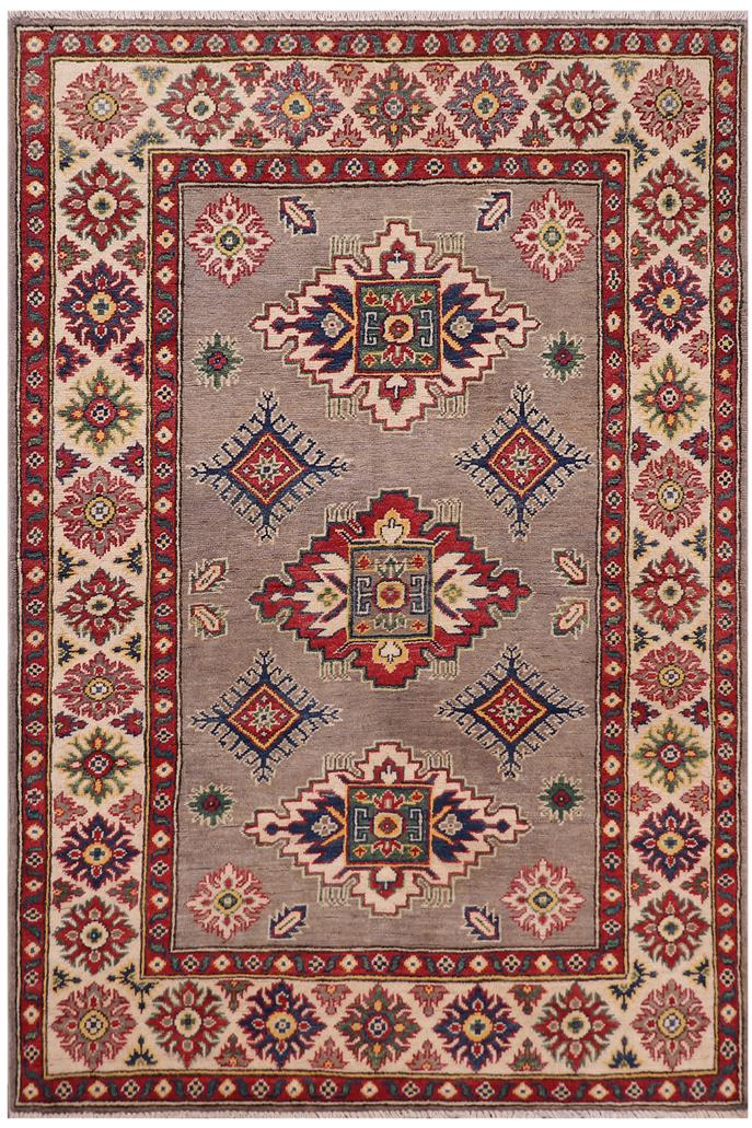 handmade Geometric Kazak Gray Beige Hand-made RECTANGLE 100% WOOL area rug 4' x 6'