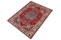 handmade Geometric Kazak Red Beige Hand-made RECTANGLE 100% WOOL area rug 4' x 6'