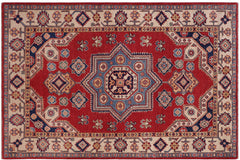 handmade Geometric Kazak Red Beige Hand-made RECTANGLE 100% WOOL area rug 4'X6'
