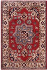 handmade Geometric Kazak Red Beige Hand-made RECTANGLE 100% WOOL area rug 4' x 6'
