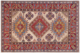 handmade Geometric Kazak Beige Red Hand-made RECTANGLE 100% WOOL area rug 4'X6'