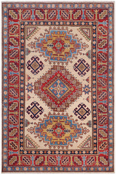 handmade Geometric Kazak Beige Red Hand-made RECTANGLE 100% WOOL area rug 4' x 6'